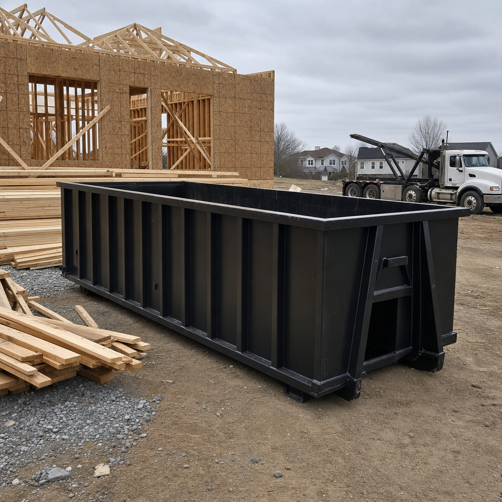 Matte-black 40-yard roll-off dumpster staged on a framed-out residential construction site in Flint, framing lumber stacked nearby, hooklift delivery truck visible in the background under bright Colorado daylight