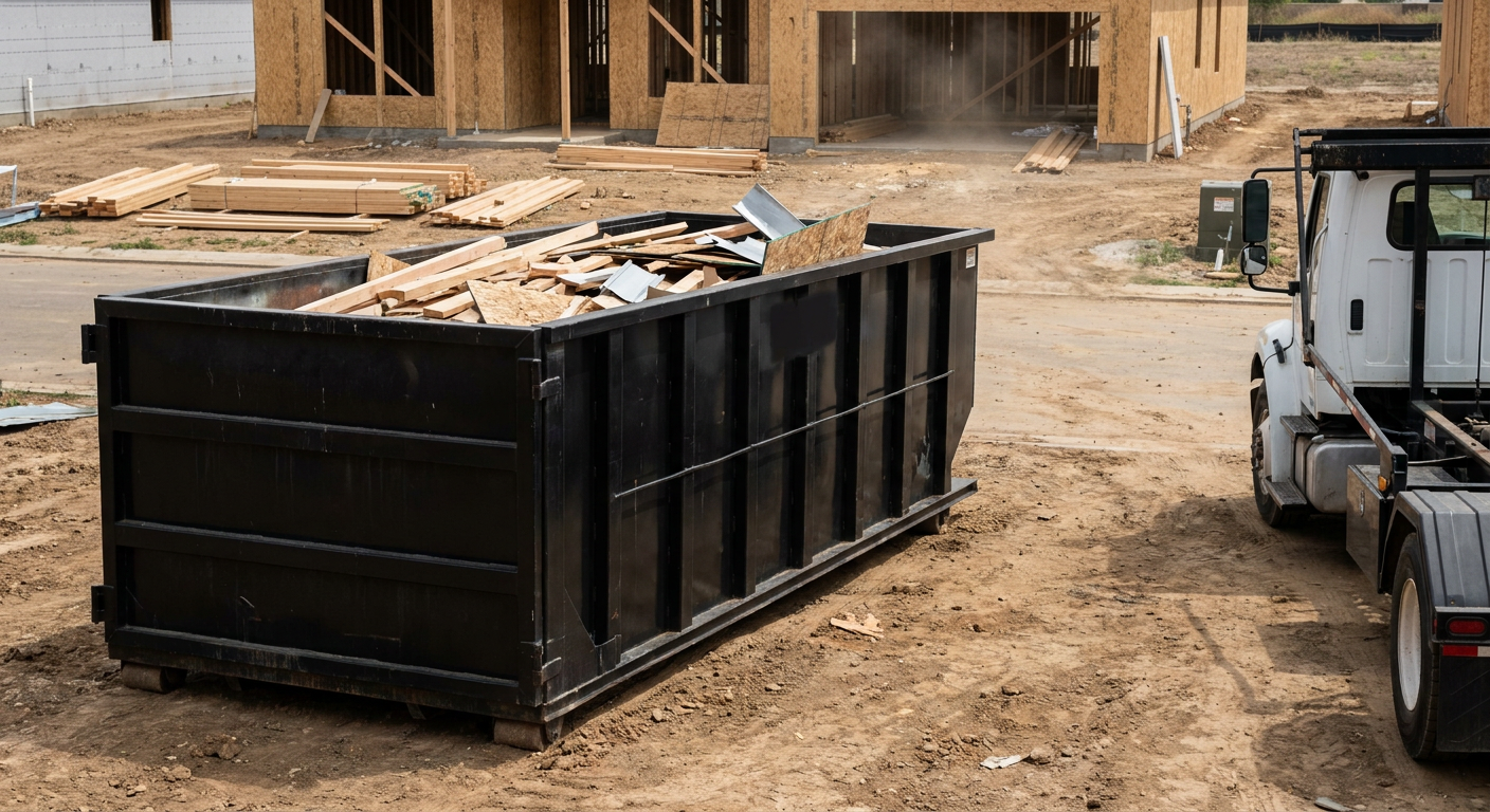 Matte-black 20-yard roll-off construction dumpster with heavy ribbed steel sidewalls and swing rear doors at a working jobsite in Flint, sitting directly on compacted dirt with an unmarked white hauler partially visible at the far edge of the frame.