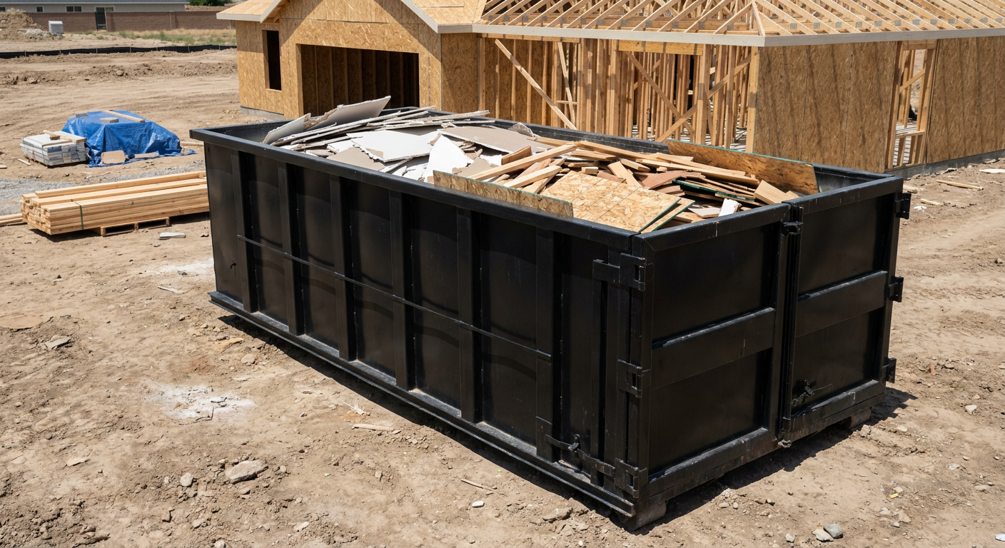 Matte-black 30-yard roll-off construction dumpster sitting directly on the compacted-dirt site of a framed single-family home build in Flint, drywall and lumber scrap loaded inside.