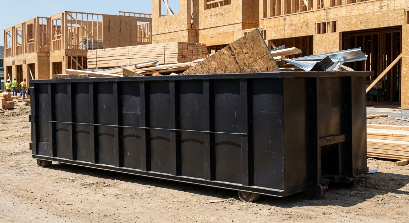 Matte-black 40-yard roll-off construction dumpster being lowered from a white-cab hooklift delivery truck onto the compacted-dirt jobsite at a commercial build site in Flint