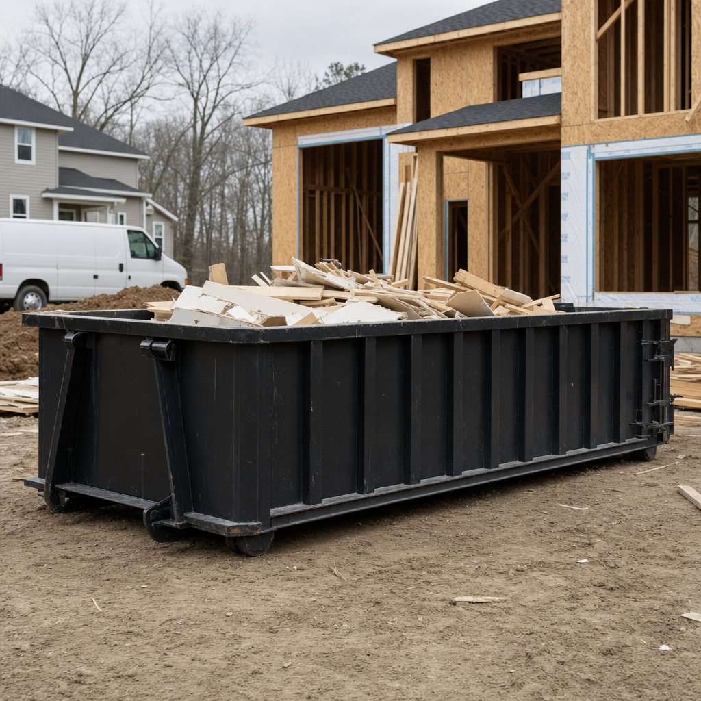 Worker in a yellow high-visibility vest tossing framing lumber and broken drywall into a matte-black 30-yard construction roll-off dumpster on an active build site in Flint, bright daylight