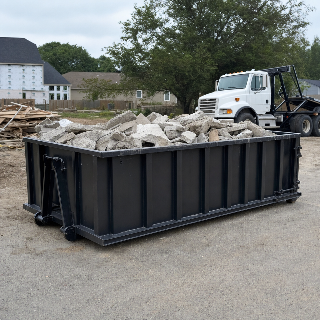 Low-profile matte-black lowboy roll-off dumpster loaded with broken concrete slab and rebar at a foundation tear-out in Flint, skid steer parked beside it, sunny Colorado morning