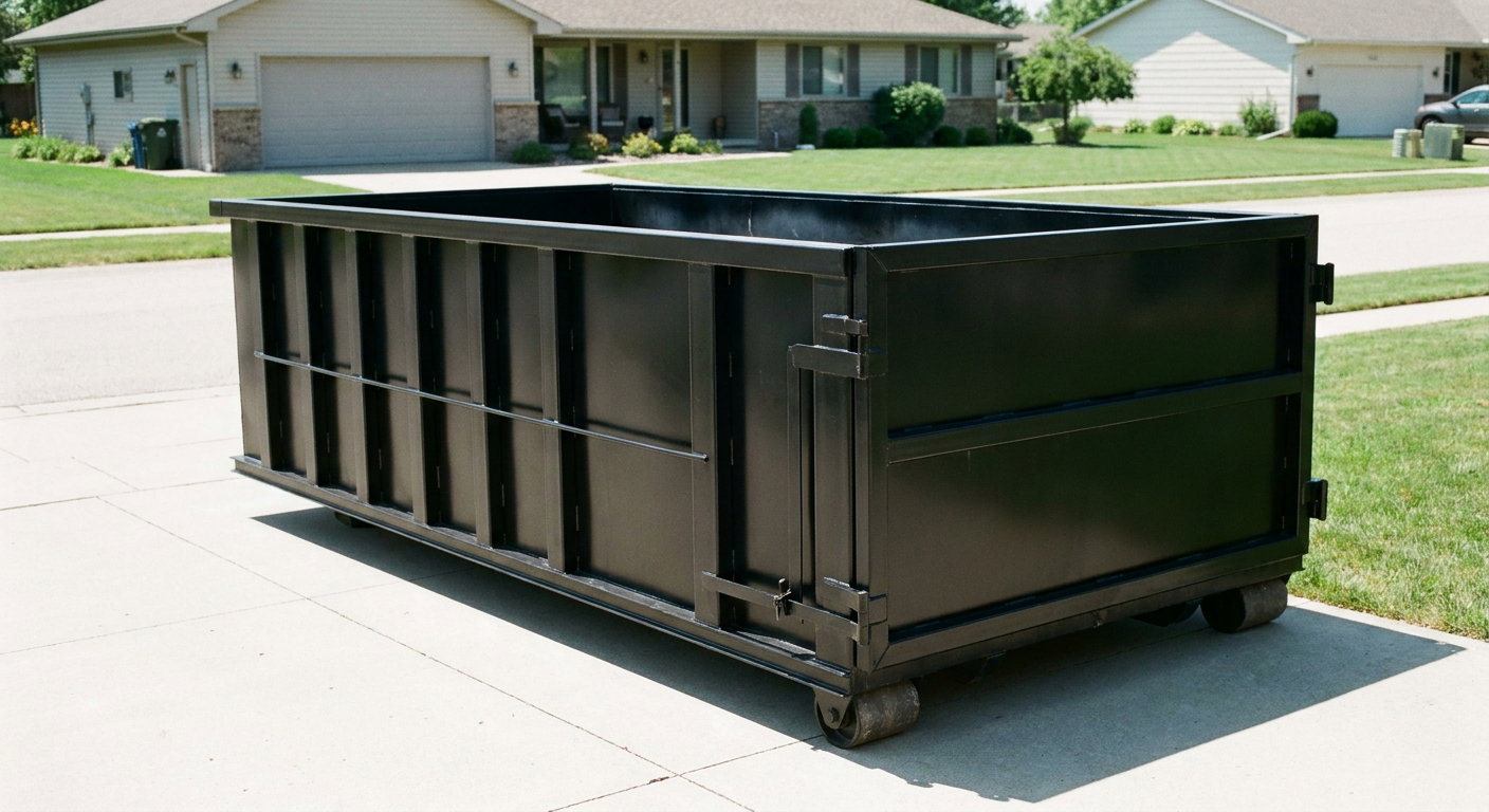 Matte-black 10-yard roll-off dumpster on a residential concrete driveway in Flint, uniformly painted matte black across every panel and rail, ribbed steel sidewalls and rear swing door visible, mid-day daylight.