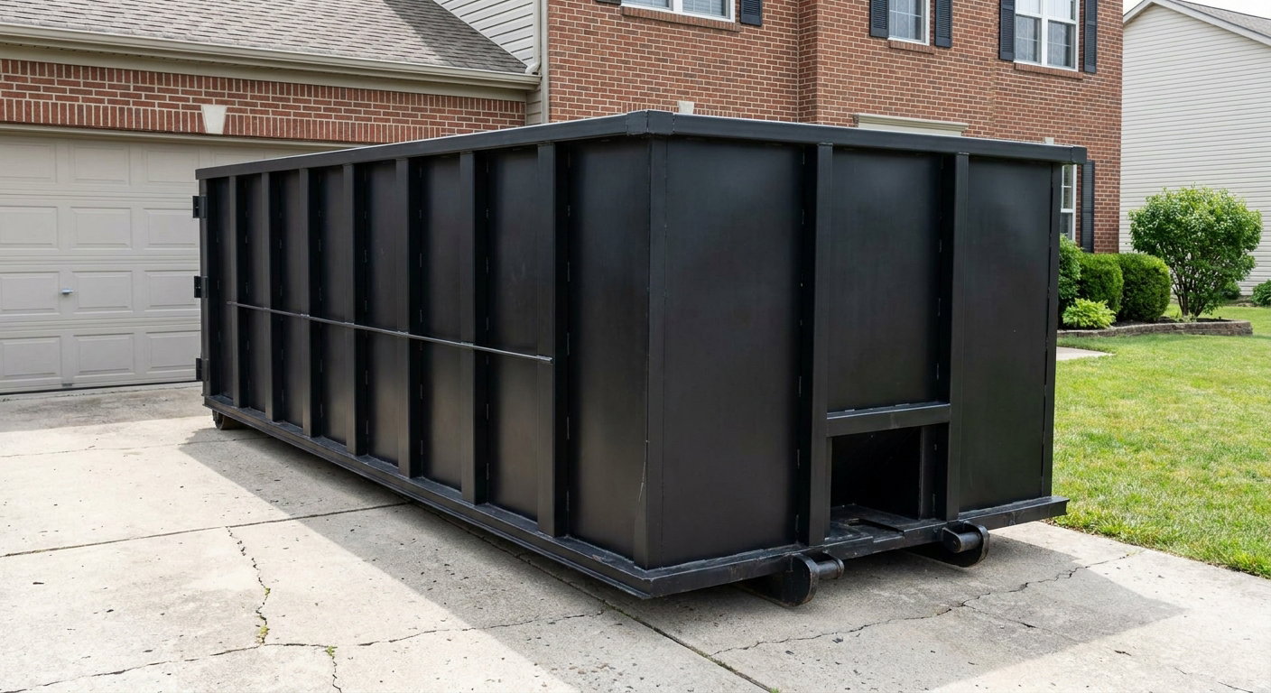 Matte-black 20-yard roll-off container on a Flint residential concrete driveway with reinforced ribbed steel sidewalls and a hinged rear walk-in door, clean bright daylight.