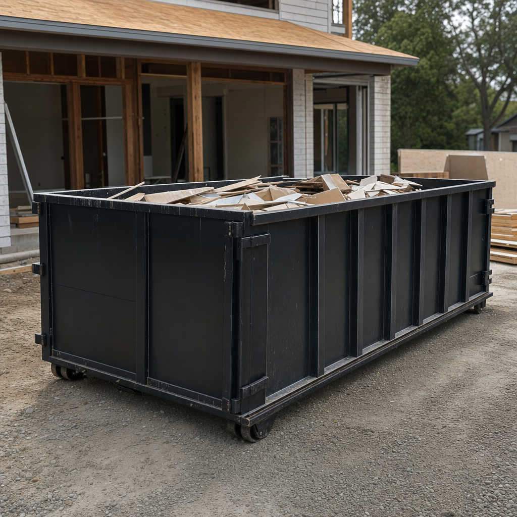 Large matte-black 30-yard construction roll-off dumpster at an active Flint jobsite, steel-gray top rails and bottom rollers visible, loaded with construction debris.