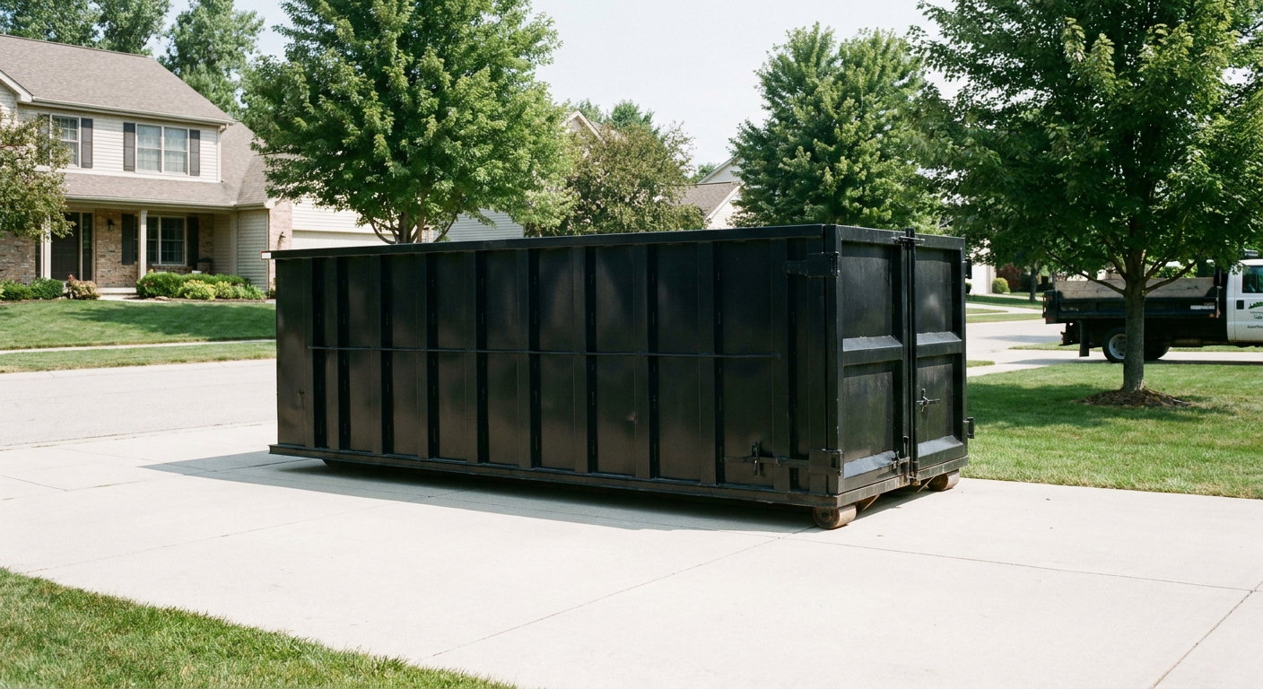 Matte-black 20-yard roll-off dumpster sitting level on a clean Flint residential concrete driveway under bright daylight, demonstrating clean placement directly on the concrete.