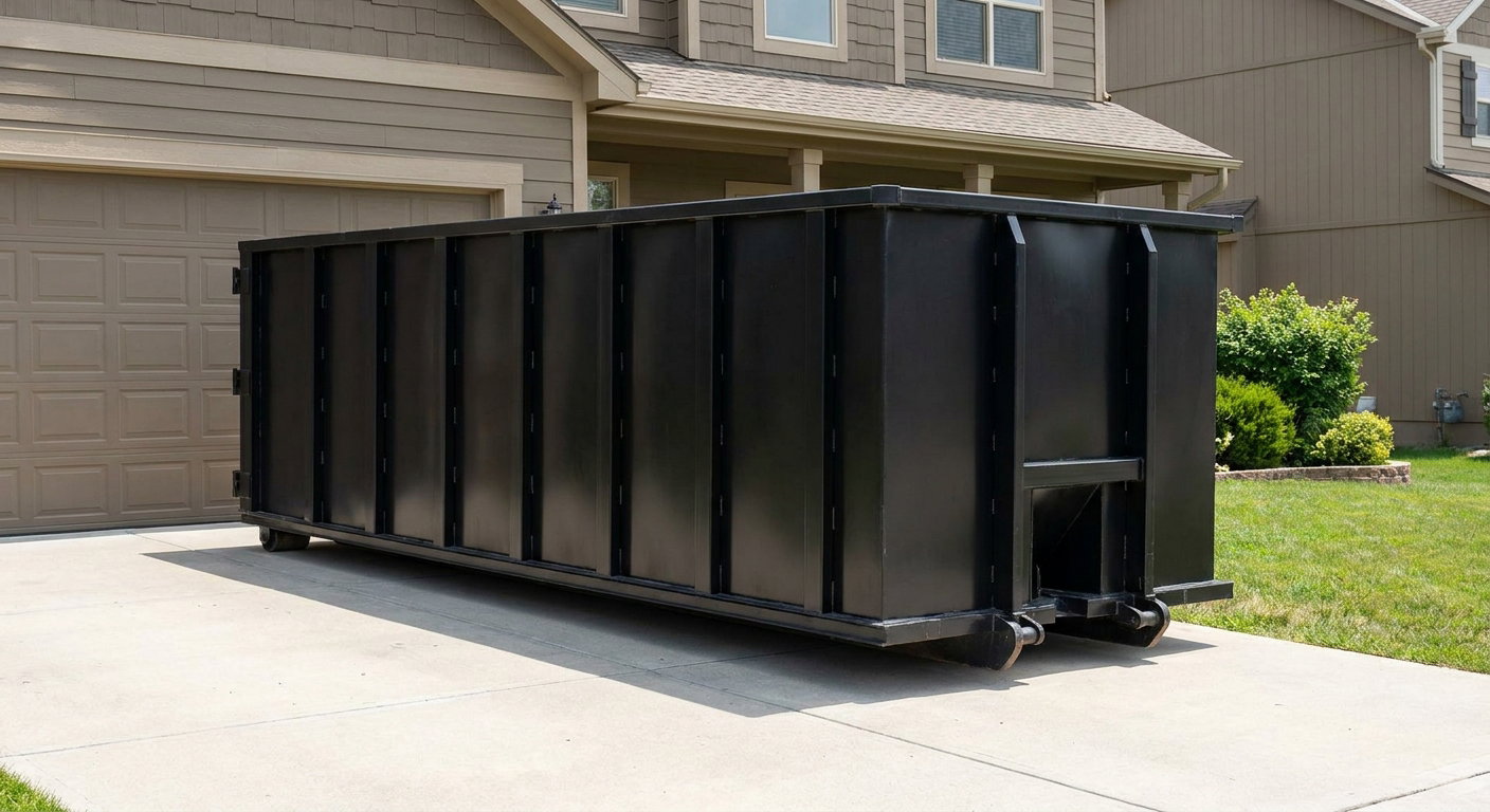 Matte-black residential roll-off dumpster sitting directly on a suburban Flint concrete driveway, garage door closed, single-family home in background, bright morning daylight.