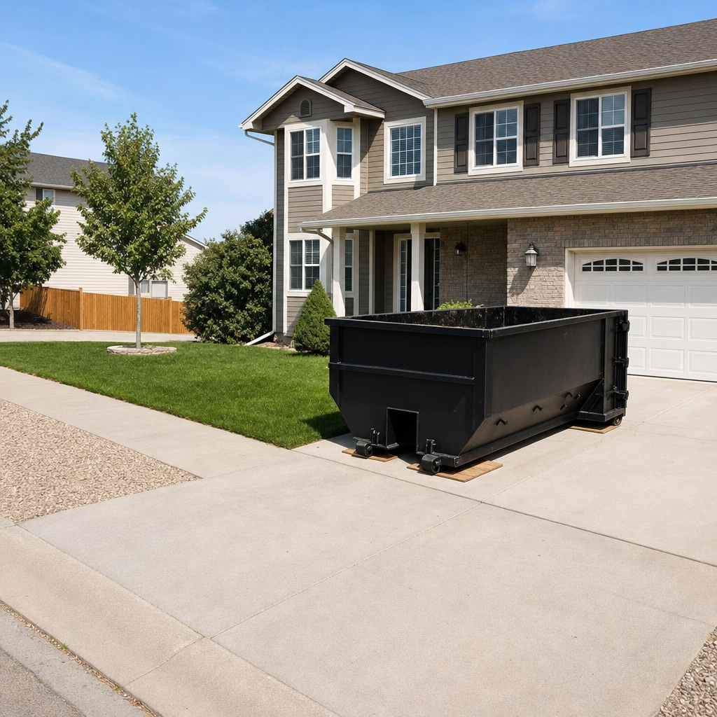 10-yard matte-black residential dumpster placed directly on a narrow Flint concrete driveway, room remains for a parked sedan beside it, mid-morning natural light