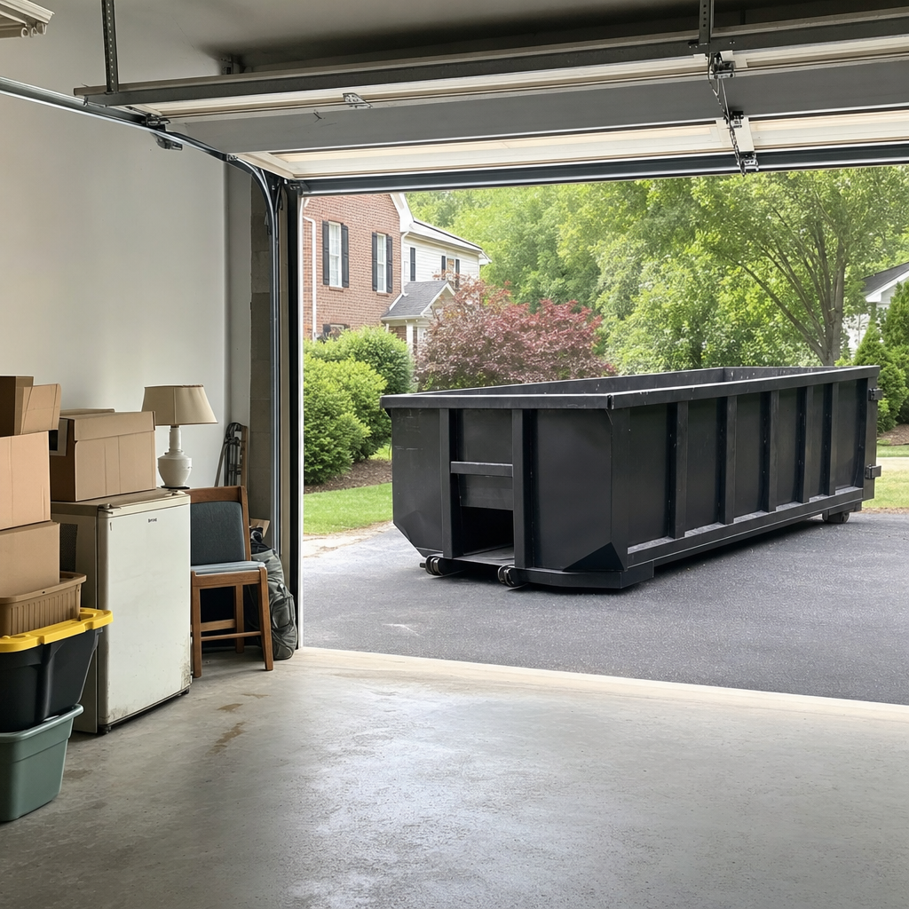 Open garage interior in a Flint home mid-cleanout — boxed items, an old appliance, and stacked yard tools queued near the driveway for a matte-black roll-off dumpster, organized and calm