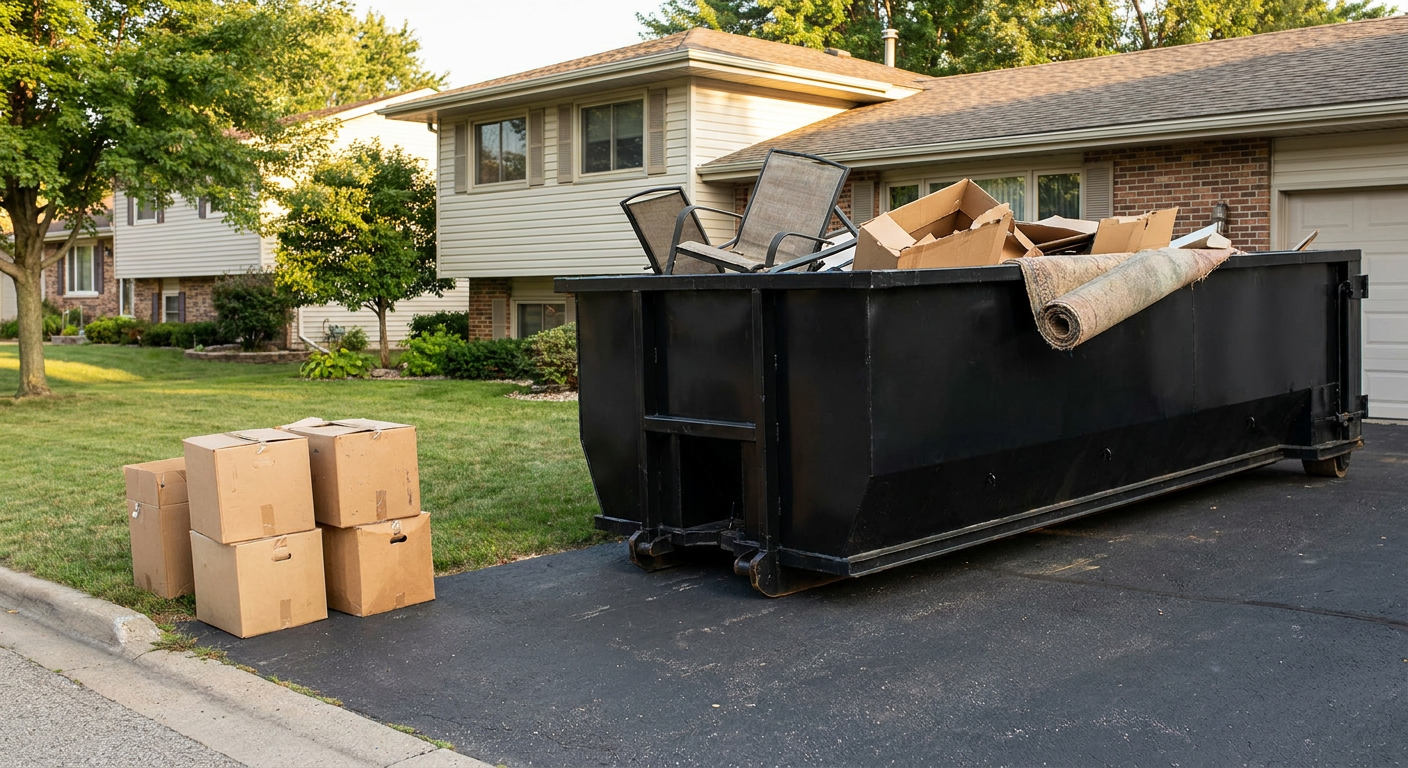 Front-yard view of a Flint split-level home with a 20-yard matte-black roll-off dumpster sitting directly on the asphalt driveway, a few clearly labeled donation boxes staged at the curb, calm sunny afternoon.