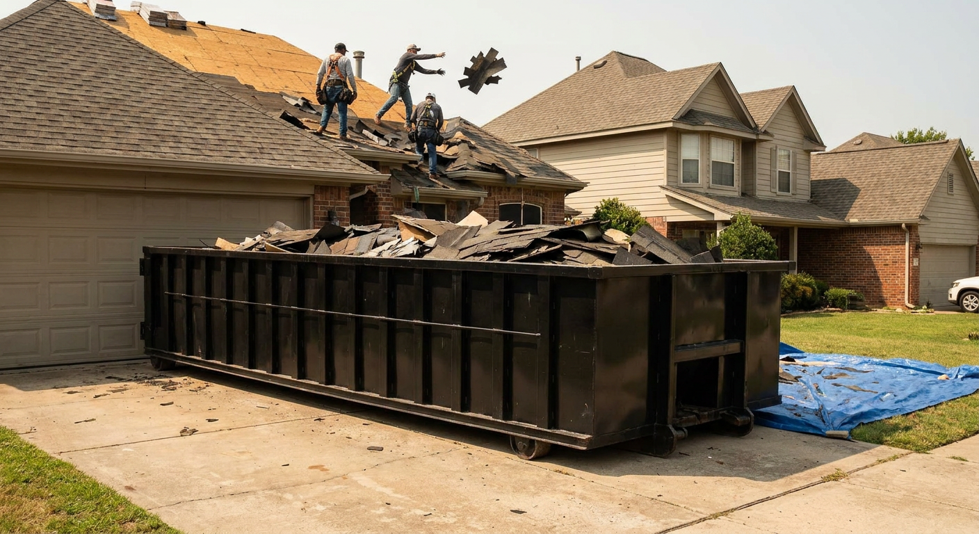 Matte-black roofing roll-off dumpster placed directly on a Flint residential concrete driveway, a tear-off crew on a two-story asphalt-shingle roof tossing shingle bundles into the low-walled container, bright daylight, documentary 35mm perspective.