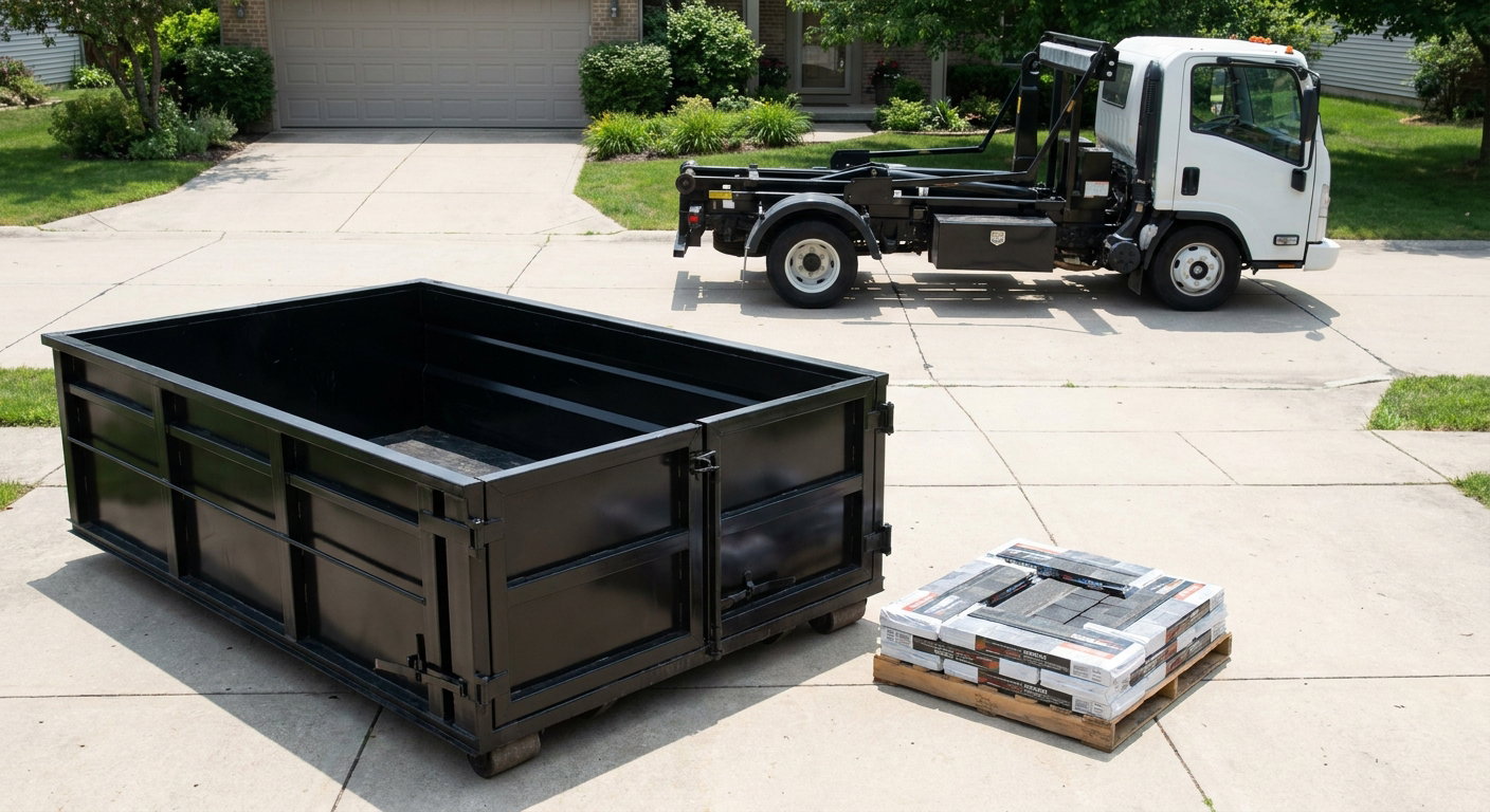 Matte-black 15-yard roofing roll-off dumpster with reinforced low side walls sitting directly on a Flint residential concrete driveway, three-tab asphalt shingle bundles stacked nearby, an unmarked white hauler truck partially visible at the edge of the frame.