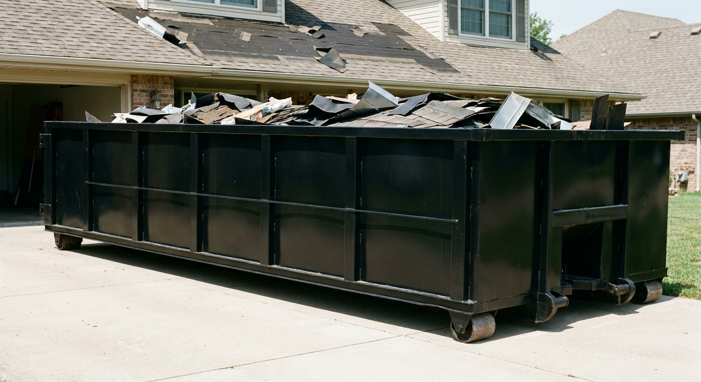 Matte-black 20-yard roofing roll-off dumpster with steel ribbed sides and swinging rear door, sitting directly on the concrete driveway of a two-story Flint home, asphalt shingle debris being loaded over the low wall, clean documentary lighting.