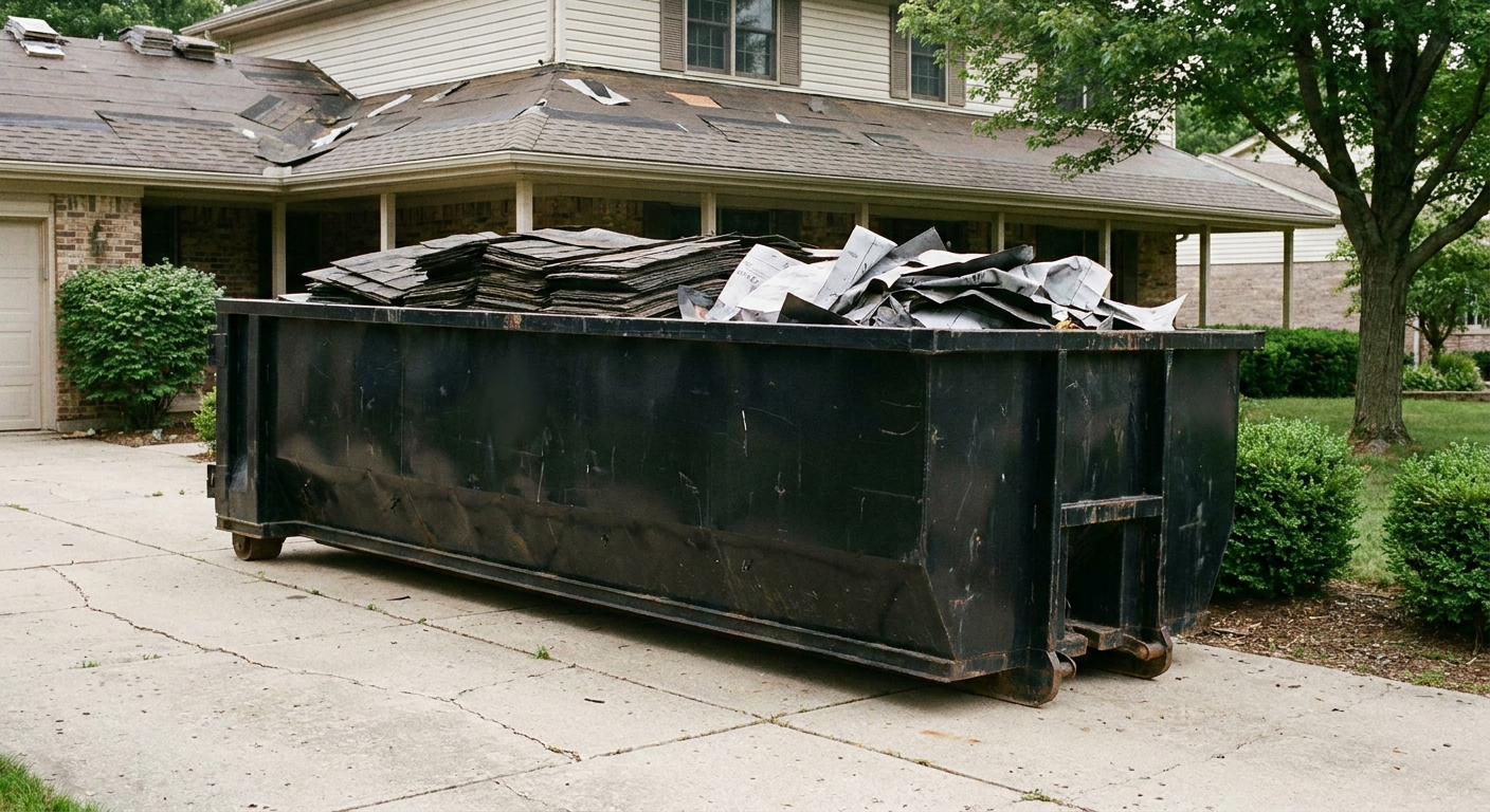 Matte-black 30-yard roofing roll-off dumpster sitting directly on a Flint concrete driveway, taller ribbed steel side panels, mixed tear-off debris of asphalt shingles and underlayment inside, professional documentary daylight.