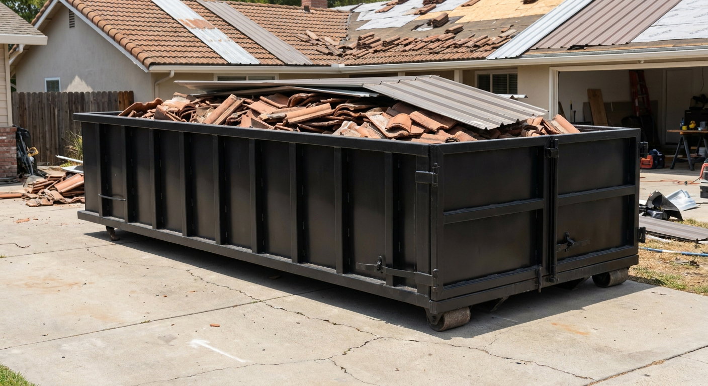 Matte-black low-wall heavy-debris roofing roll-off dumpster sitting directly on a Flint concrete driveway, broken concrete clay roof tiles and metal panel sections loaded inside, reinforced ribbed steel side walls visible, bright outdoor daylight.