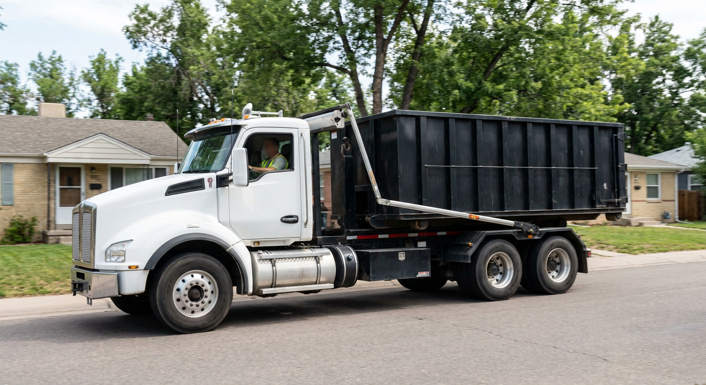 A wide documentary shot of a matte-black roll-off delivery truck pulling onto a quiet Flint residential street at mid-morning, with neighborhood rooftops and tree-lined blocks visible behind, showing the metro coverage footprint.