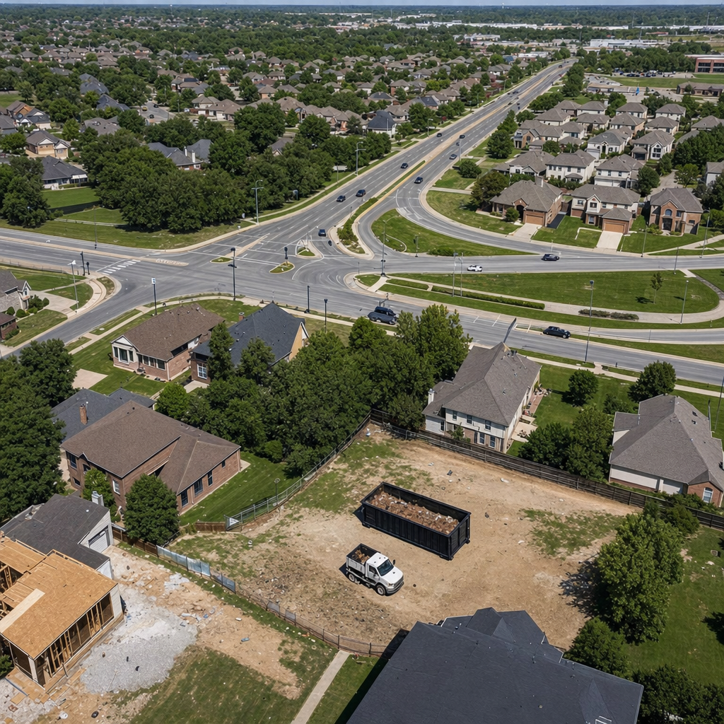An overhead documentary view of the Flint metro area at midday, showing the spread of neighborhoods, arterial roads, and the dispatch radius from a central yard — clean daylight, organized geographic layout.