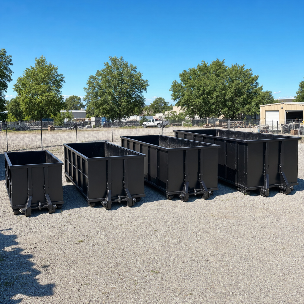 A clean lineup of matte-black roll-off dumpsters in 10, 20, 30, and 40-yard sizes staged on a sunlit gravel yard in Flint, showing the size progression from compact to commercial-scale containers.