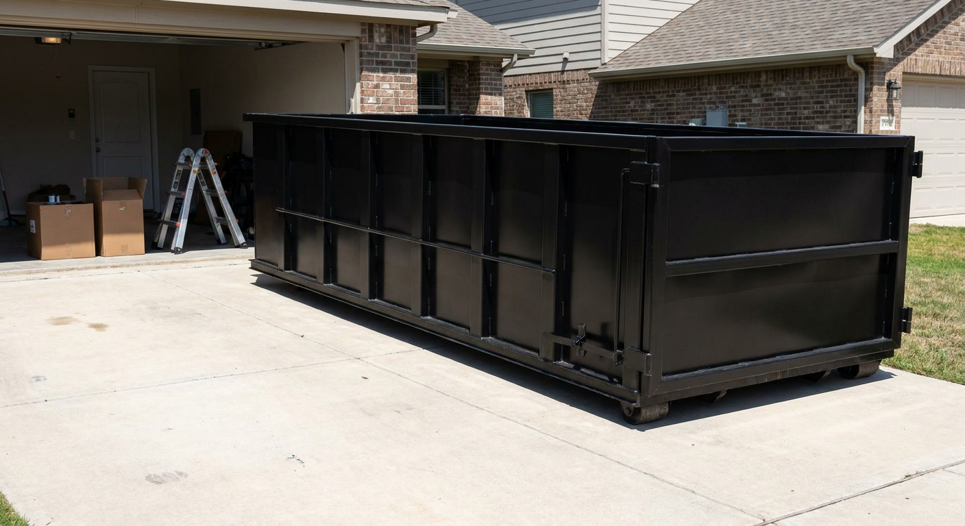 A matte-black 10-yard roll-off dumpster sitting directly on a residential Flint concrete driveway, mid-day sunlight, clean and ready for a garage cleanout.