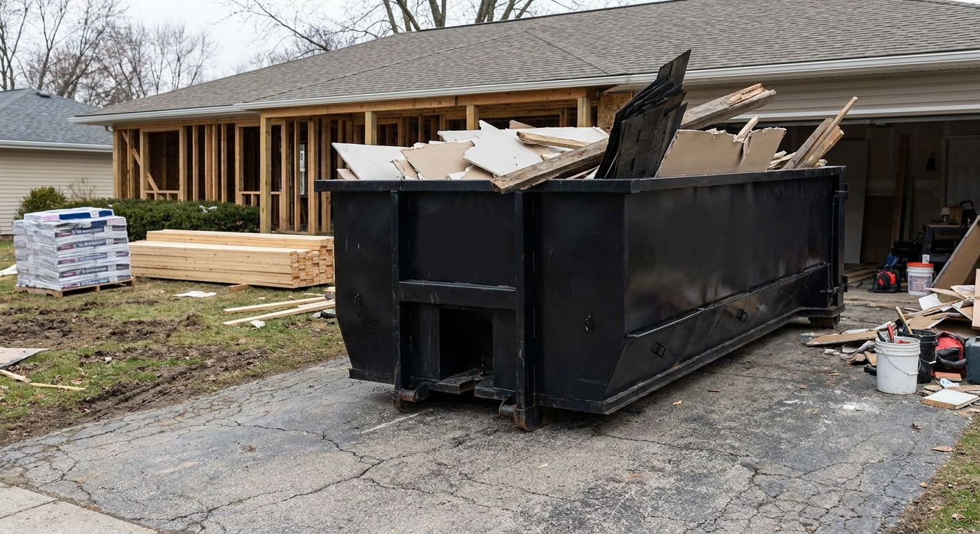 A matte-black 20-yard roll-off dumpster placed alongside a mid-renovation Flint home directly on the asphalt driveway, with framing materials and torn-off shingles staged neatly nearby.