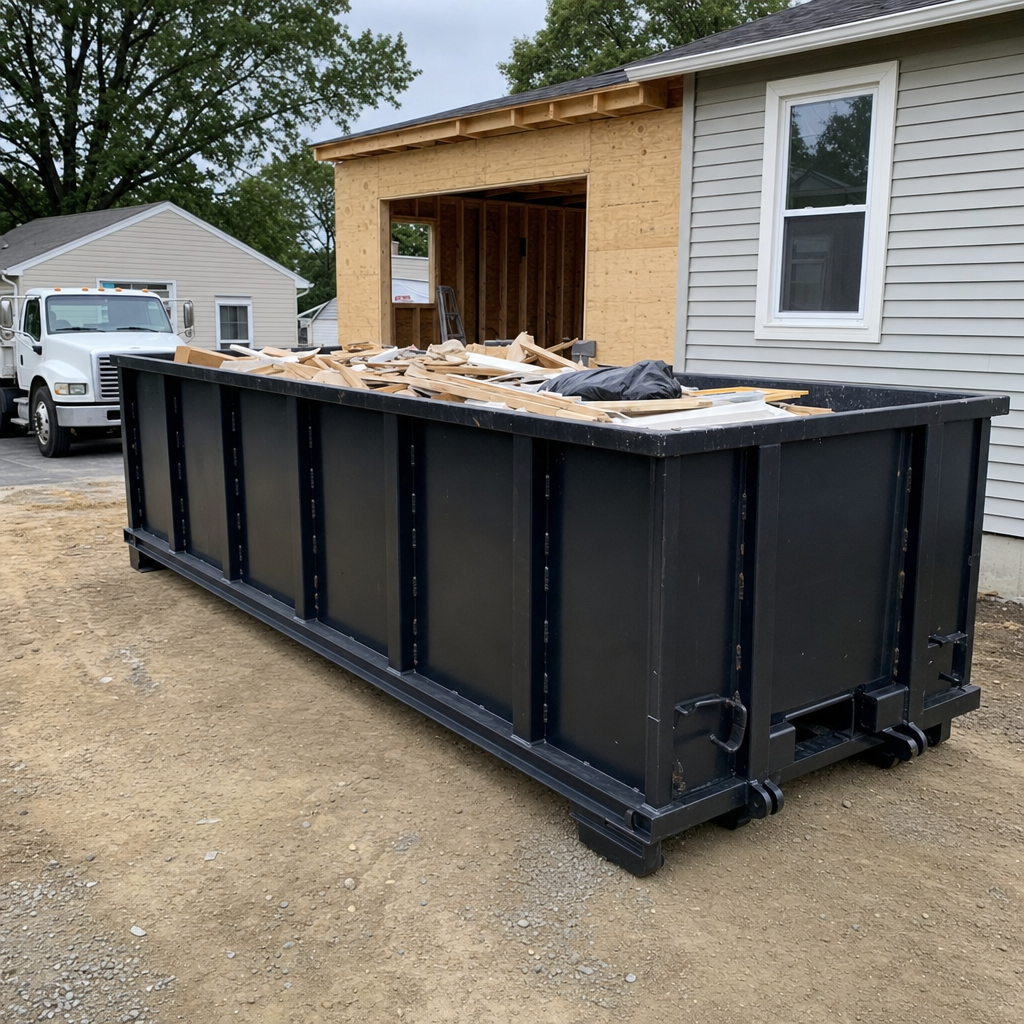 A matte-black 30-yard roll-off dumpster positioned at a Flint residential addition jobsite, with framing lumber and drywall scraps loaded through the open swinging rear doors.