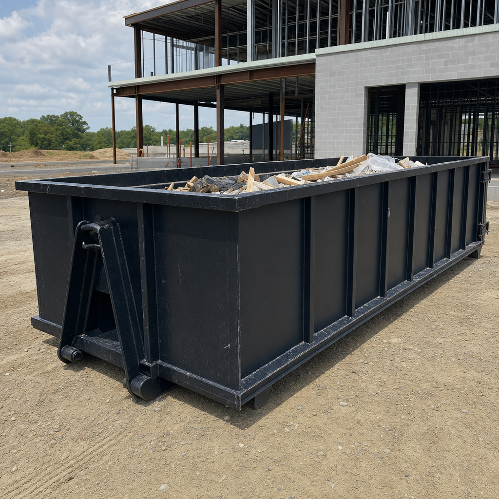 A matte-black 40-yard roll-off dumpster staged on a large Flint commercial construction lot, with a hooklift delivery truck parked alongside under bright midday sky.