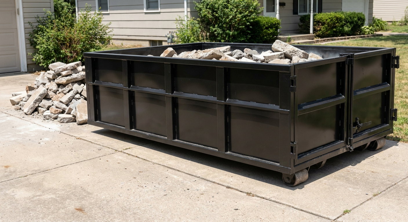 A matte-black low-side heavy-debris roll-off dumpster placed directly on a Flint concrete driveway, with broken concrete chunks neatly stacked beside it under clean daylight.